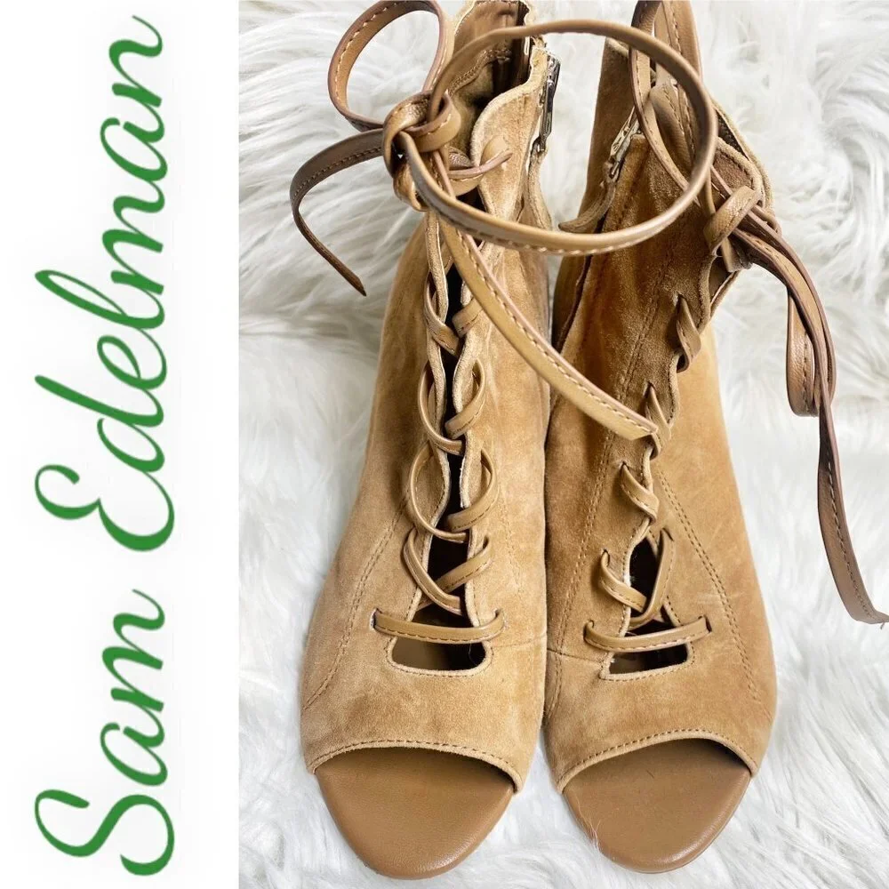 SAM EDELMAN YVIE Suede Open‎ Toe Lace Up Ankle Boot Saddle Brown, Size 8